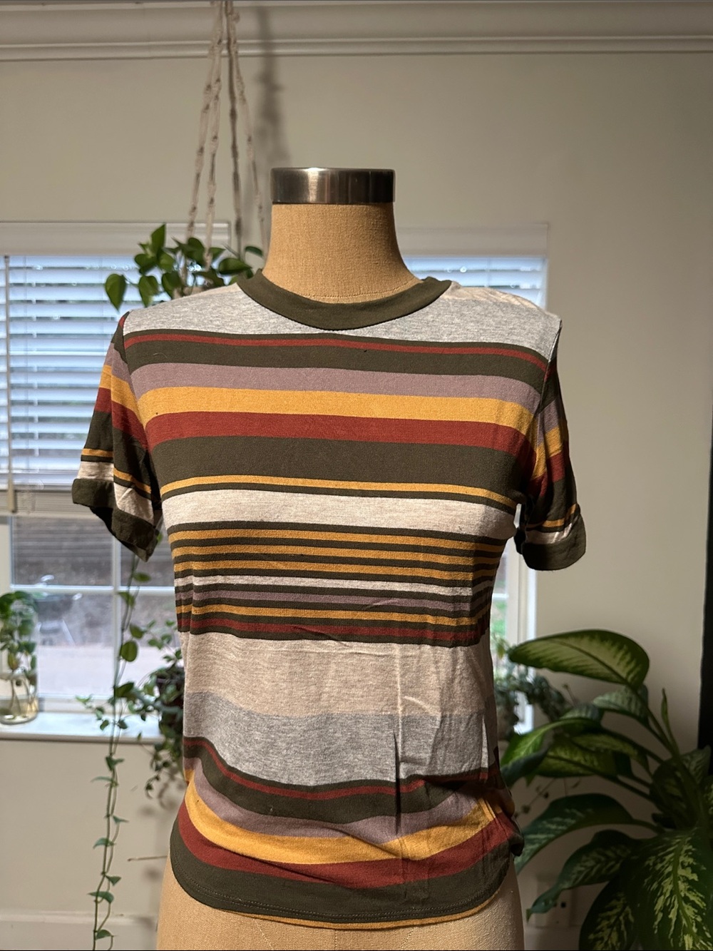 Striped Short-Sleeve Crewneck Top in Olive, Mustard & Burgundy